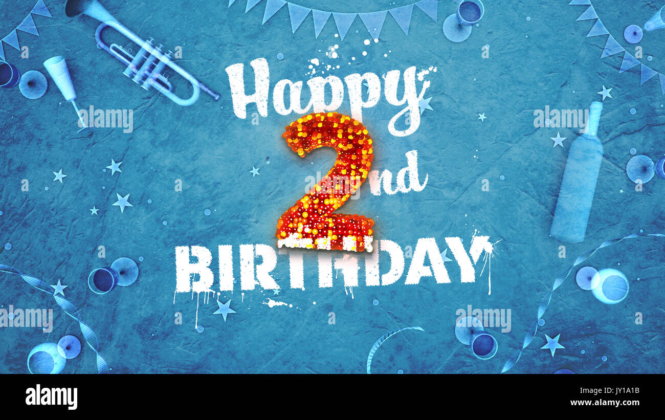 Happy 2 Geburtstagskarte mit schönen Details wie Flasche Wein, Champagner Gläser, Garland, Wimpel, Sterne und Konfetti. Hintergrund blau, rot und Stockfoto