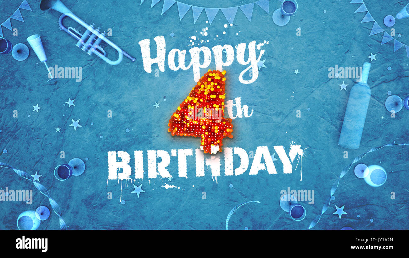Happy 4 Geburtstagskarte mit schönen Details wie Flasche Wein, Champagner Gläser, Garland, Wimpel, Sterne und Konfetti. Hintergrund blau, rot und Stockfoto