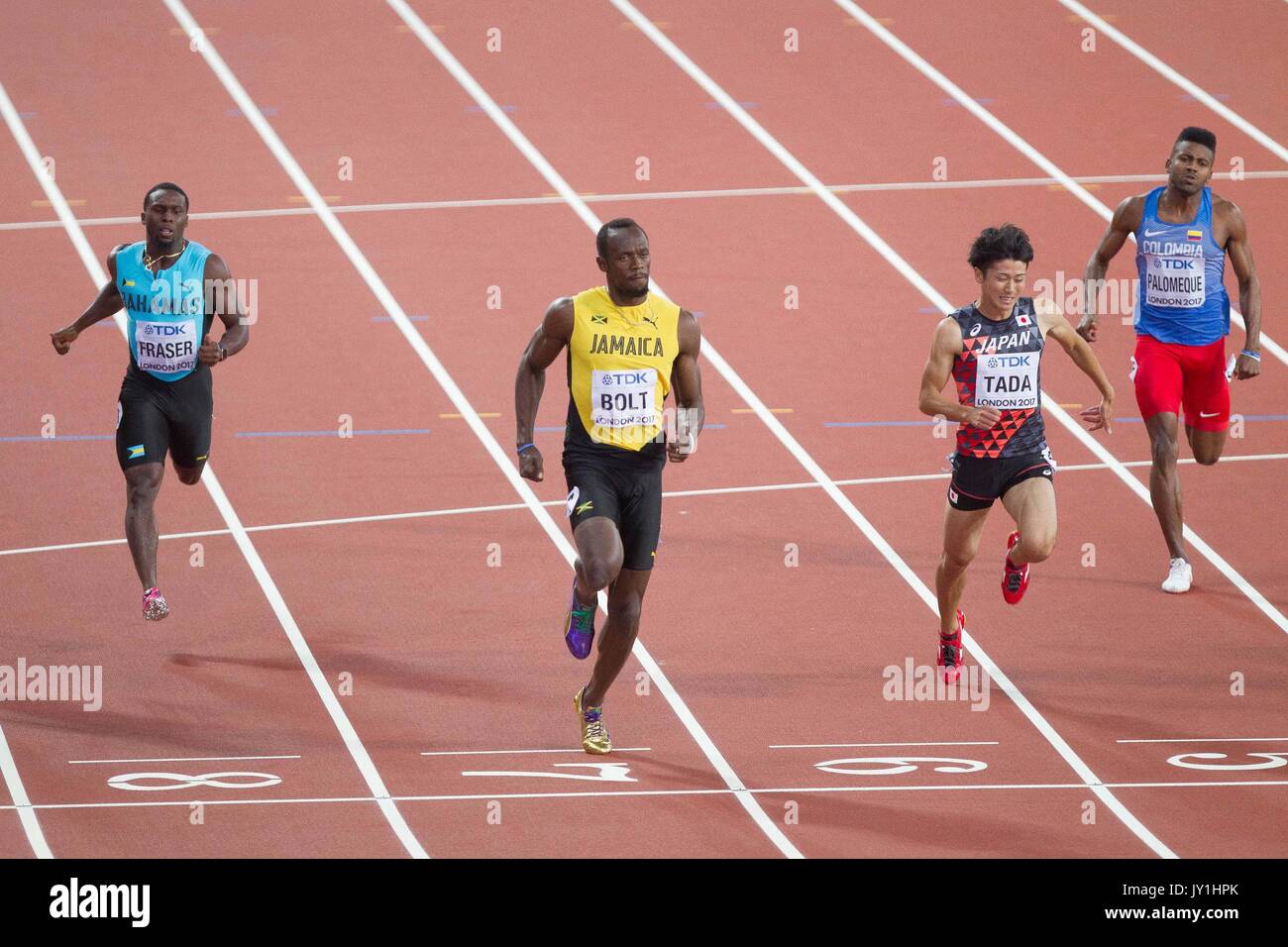 04. August 2017, London Stadium, East London, England; Leichtathletik WM, Tag 1; Warren Fraser, Usain Bolt, Shuhei Tada und Diego Palom Stockfoto