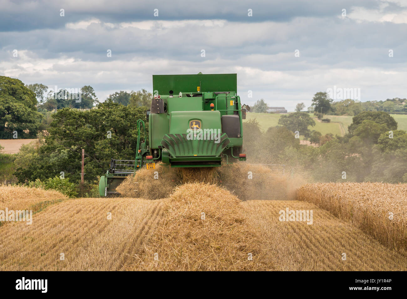 UK Anbau, Ernte, John Deere Hillmaster Mähdrescher bei der Arbeit auf einer Ernte von Weizen bei Wycliffe, Teesdale August 2017 Stockfoto