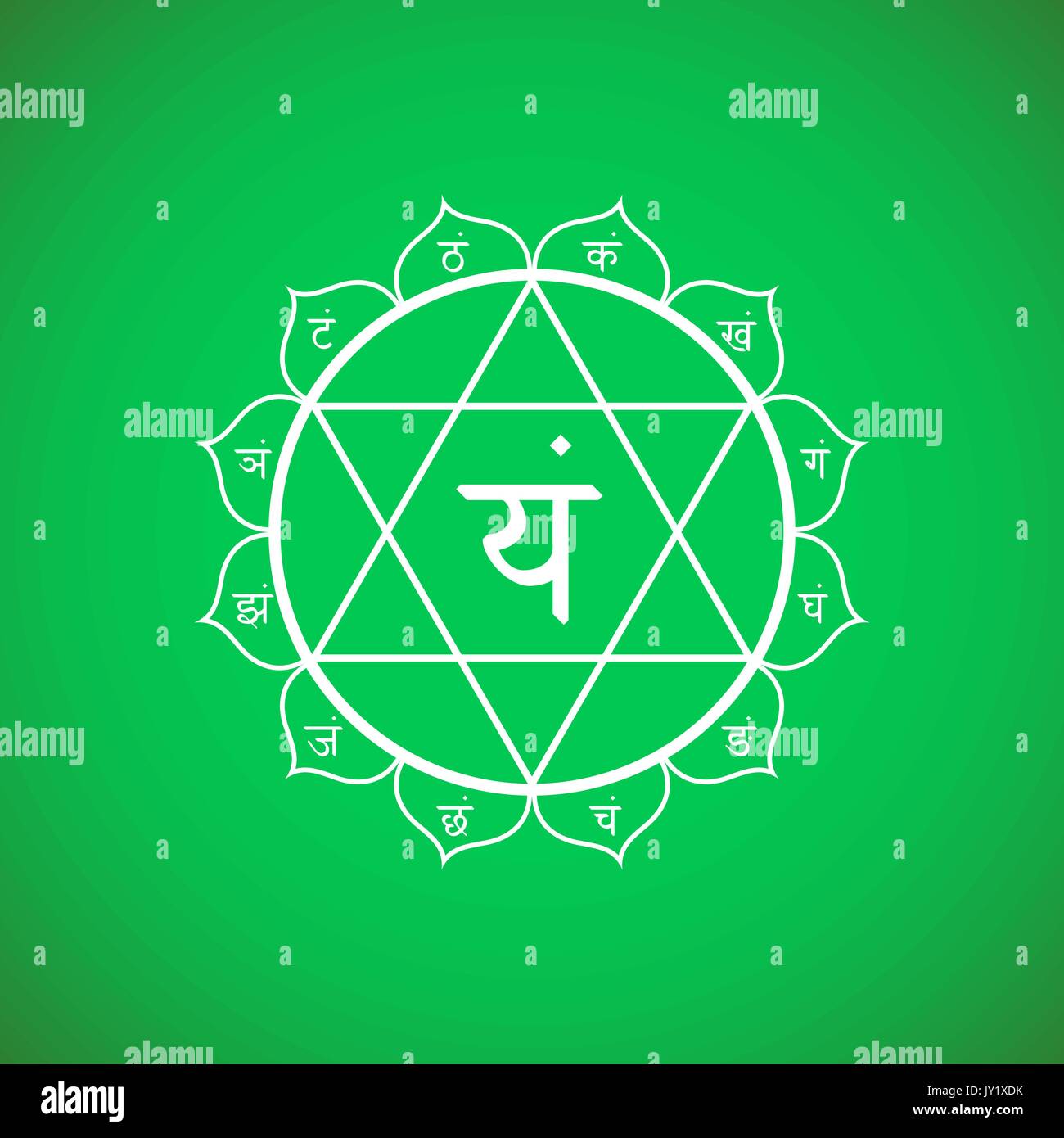Vektor 4 Herz Chakra Anahata mit Hinduismus sanskrit Saatgut mantra Yam und Silben auf Lotusblüten. Außenkontur white monochrome Symbol mit Stock Vektor