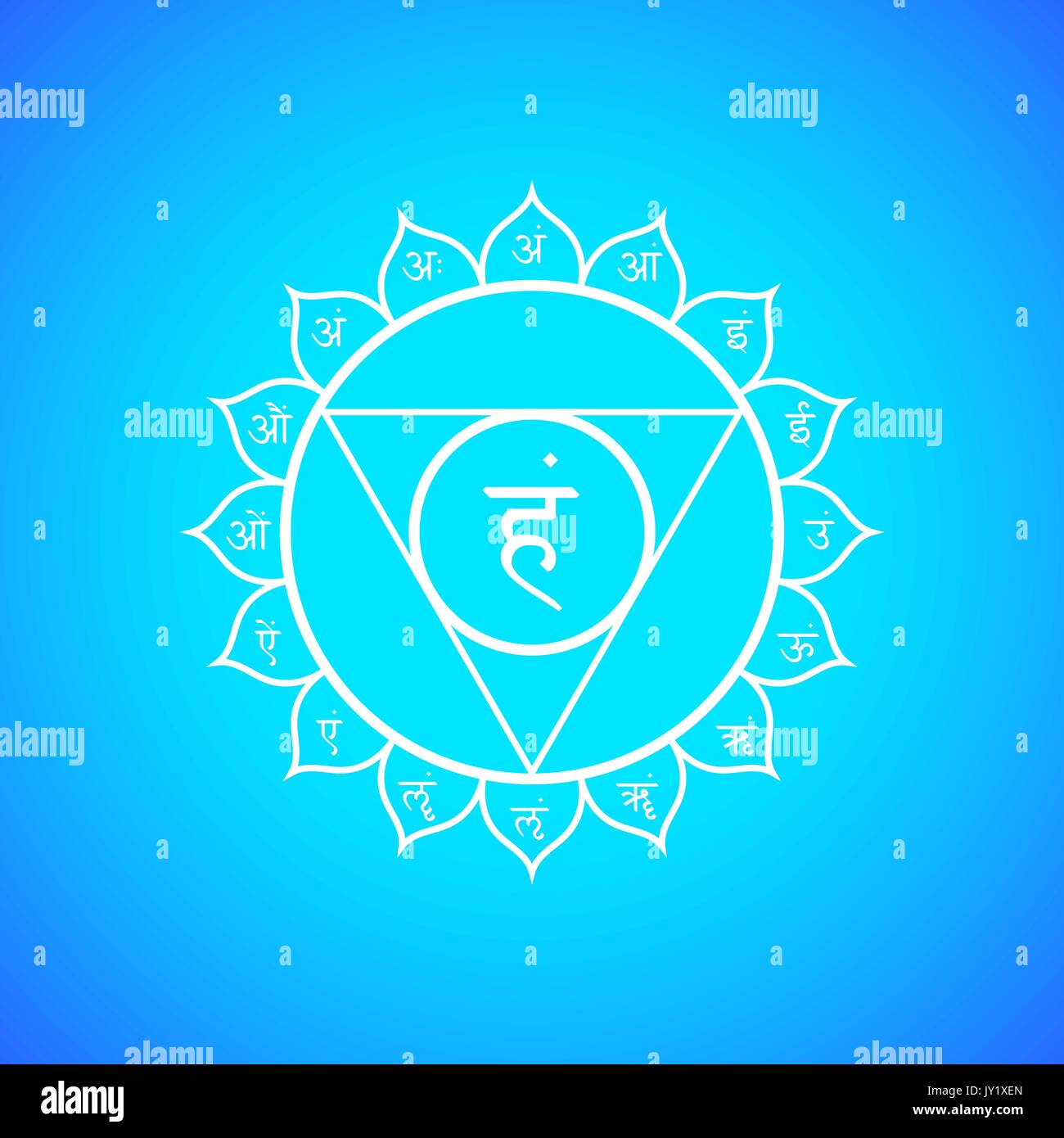 Vektor fünften Vishuddha Hals- Chakra mit dem Hinduismus sanskrit Saatgut mantra Schinken und Silben auf Lotusblüten. Außenkontur white monochrome Symbol wit Stock Vektor