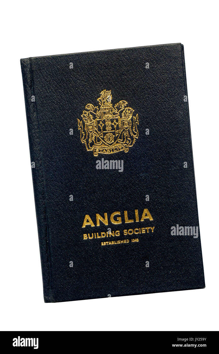 Aufbau der Gesellschaft "Passbook". Anglia Building Society. Anteil berücksichtigt. 1971-1982. Stockfoto