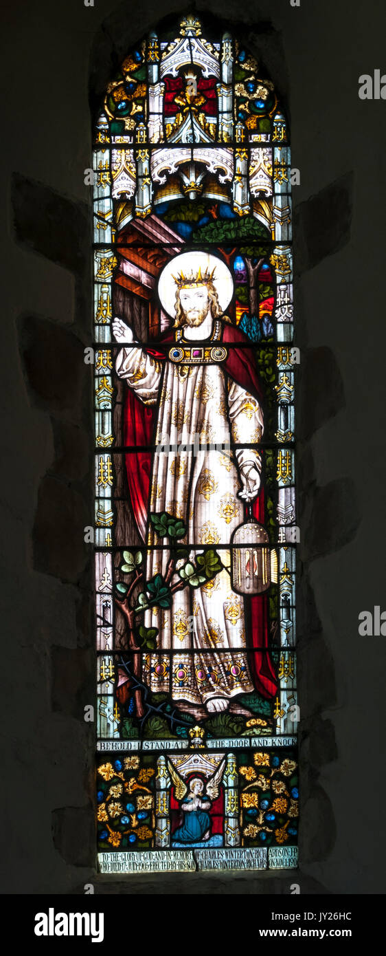 Glasfenster auf das Licht der Welt durch Holman Hunt in der Kirche der Hl. Maria in den Sumpf auf Romney Marsh. Stockfoto