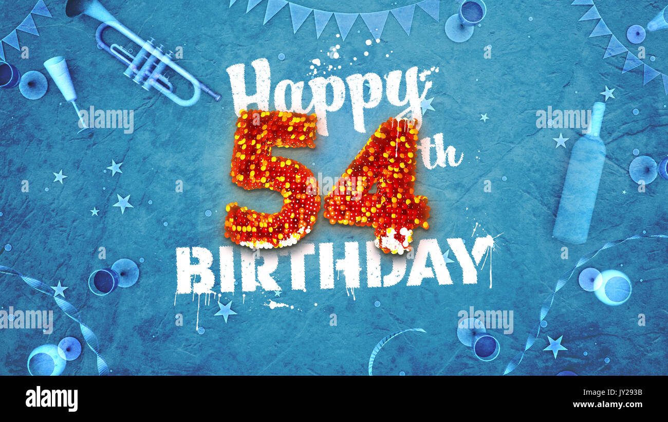 Happy 54th birthday Card mit schönen Details wie Flasche Wein, Champagner Gläser, Garland, Wimpel, Sterne und Konfetti. Hintergrund blau, rot und Stockfoto
