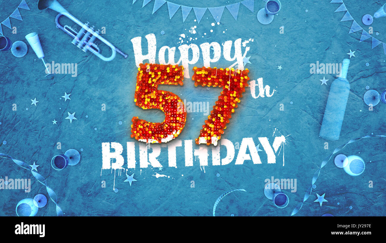 Happy 57th birthday Card mit schönen Details wie Flasche Wein, Champagner Gläser, Garland, Wimpel, Sterne und Konfetti. Hintergrund blau, rot und Stockfoto