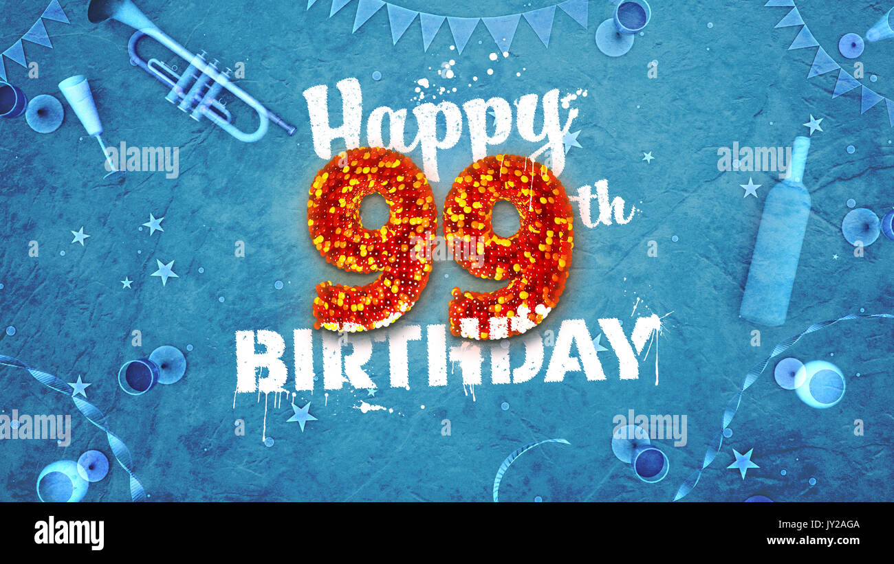Happy 99th birthday Card mit schönen Details wie Flasche Wein, Champagner Gläser, Garland, Wimpel, Sterne und Konfetti. Hintergrund blau, rot und Stockfoto