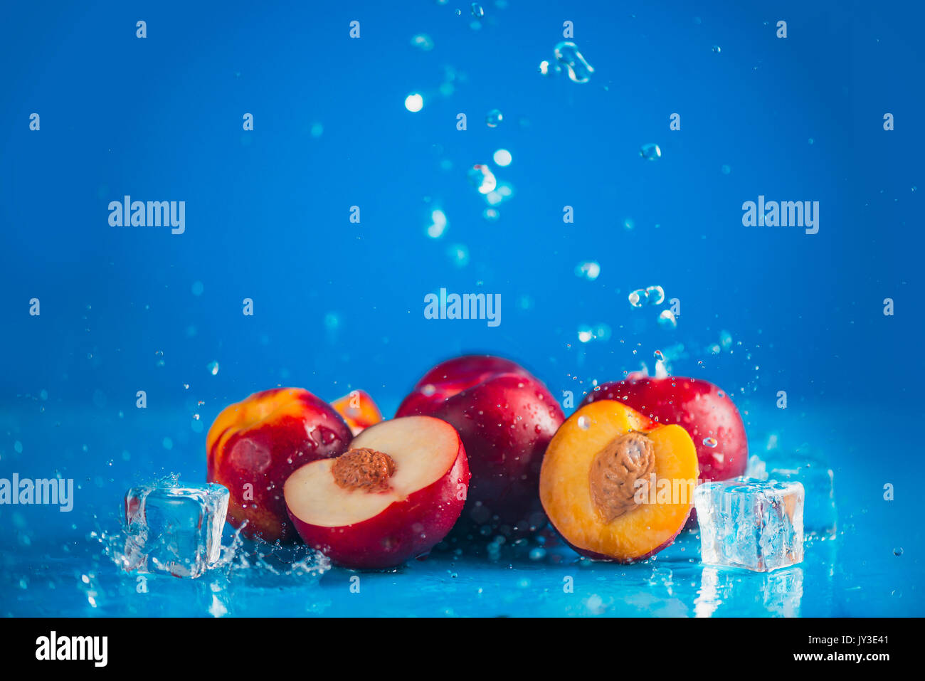 Pflaumen mit Wasser, Spritzer und Tropfen auf einem blauen Hintergrund Stockfoto