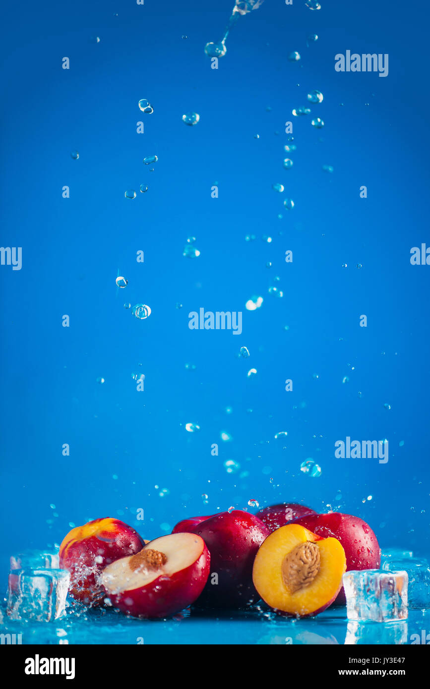 Pflaumen mit Wasser, Spritzer und Tropfen auf einem blauen Hintergrund Stockfoto