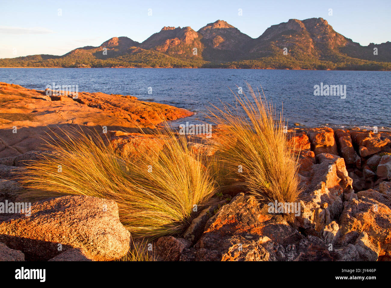 Blick über Coles Bay von den Pisten des Mt Amos Stockfoto