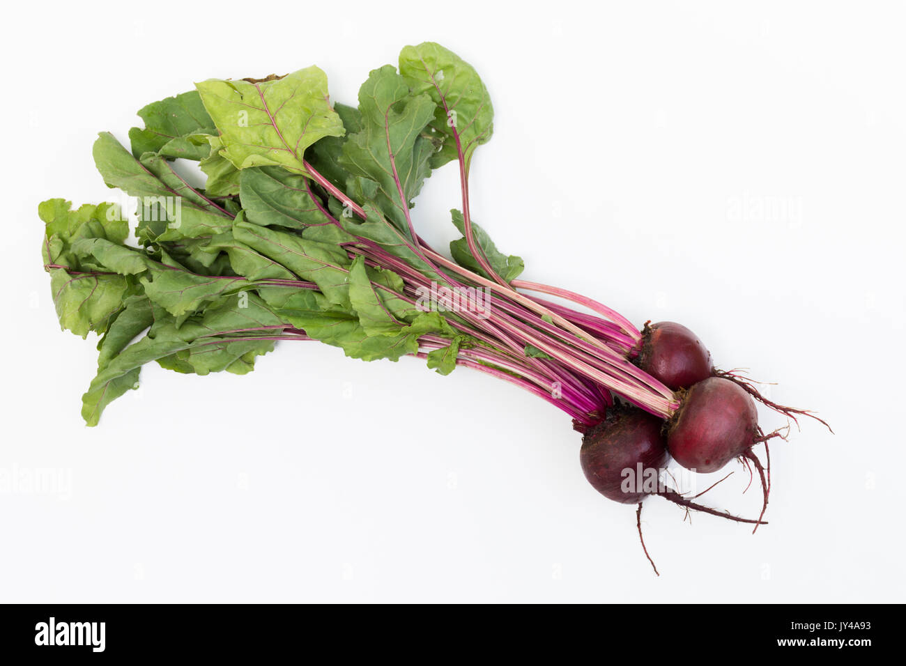 Drei rote Rüben mit den Gruenen gewinkelt auf einem weißen Hintergrund. Von oben fotografiert. Bild kopieren. Stockfoto