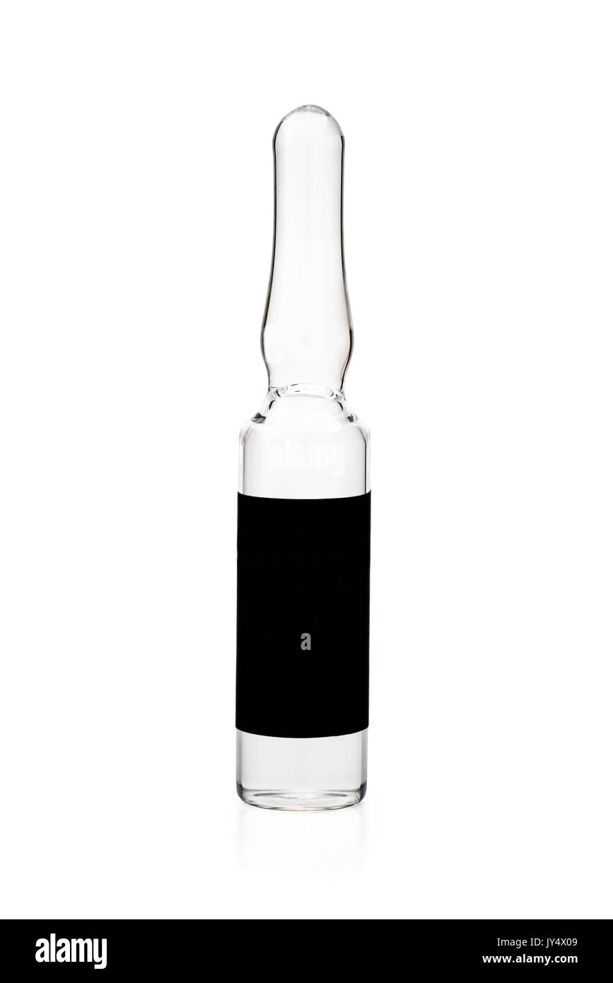 Weißes Glas Fläschchen mit Black Label, Nahaufnahme auf weißem Hintergrund Stockfoto