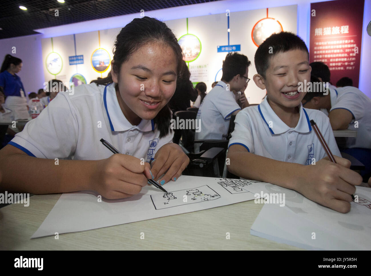 (170819) - DATONG, Aug 19, 2017 (Xinhua) - Schüler besuchen ein Design Thinking Workshop in der "Youth Leadership Summer Camp für Klimaschutz" auf der Website der Panda Solar Station, eine Panda-förmige Solarkraftwerk in Datong County, im Norden der chinesischen Provinz Shanxi, Nov. 14, 2017. Das Summer Camp von Aug.10 bis 19 wird gehostet von das Entwicklungsprogramm der Vereinten Nationen (UNDP) in China und von der Panda Green Energy Gruppe gehostet werden. Es wurde entwickelt, um Jugendlichen Engagement bei der Bekämpfung des Klimawandels und Förderung der UN-Ziele der Nachhaltigen Entwicklung zu fördern. Insgesamt 50 Schüler im Alter von 13 bis Stockfoto