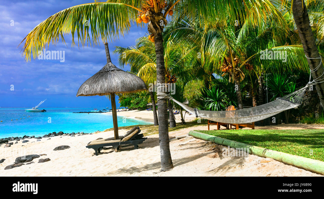 Entspannende tropische Ferien auf Luxus Beach Villas in Mauritius Stockfoto