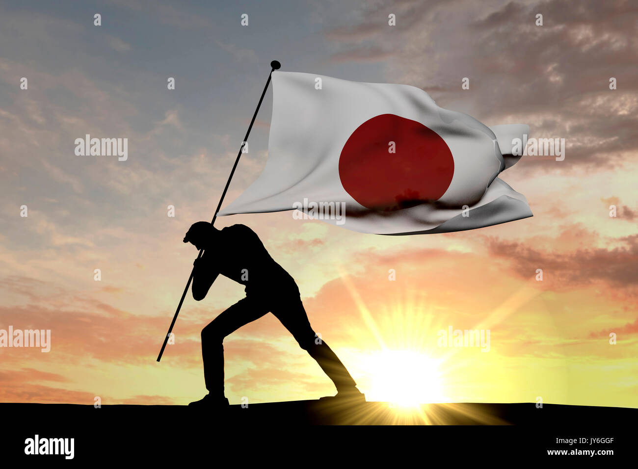 Japan Flagge in den Boden durch einen männlichen Silhouette geschoben. 3D-Rendering Stockfoto