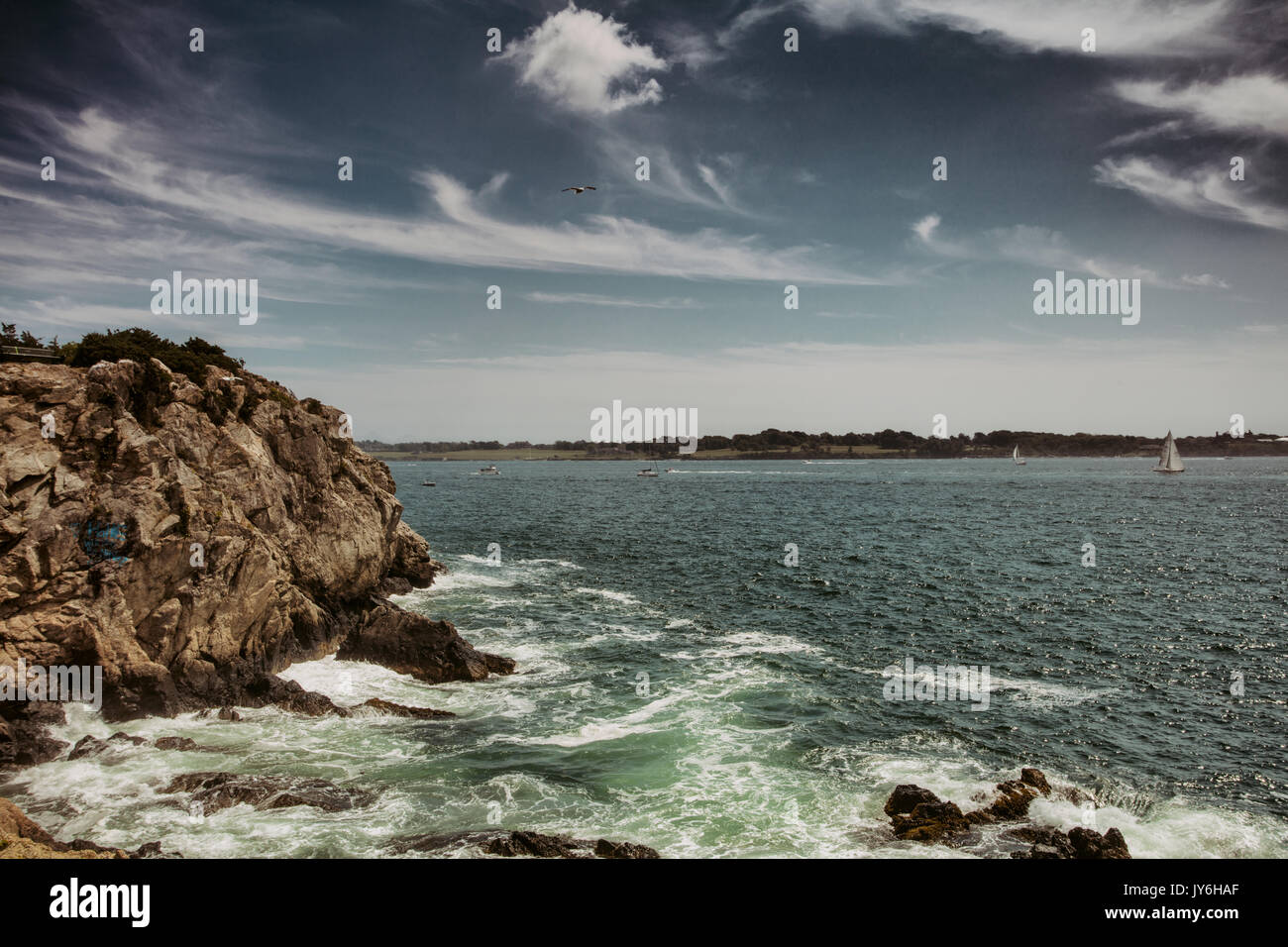 Heben Nebel weg von Fort Wetherill in Jamestown, RI. Stockfoto