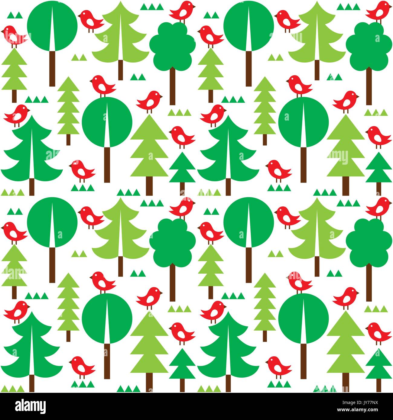 Finnische inspiriert nahtlose Volkskunst Muster - Skandinavisch, nordischen Stil Vector Hintergrund mit Bäumen und Vögeln auf weißem Hintergrund Stock Vektor