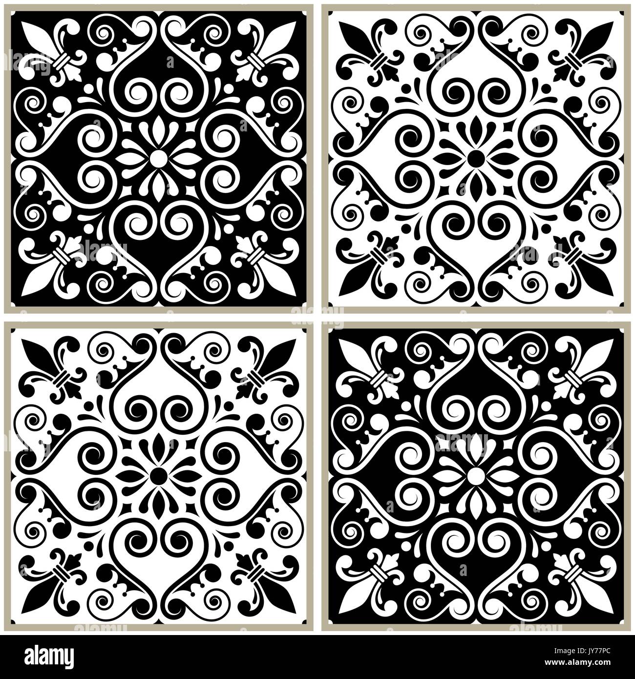 Portugiesische Fliesen Muster - Azulejo Schwarzweiß-Design, nahtlose Vektor blauem Hintergrund, vintage Mosaike festlegen Stock Vektor