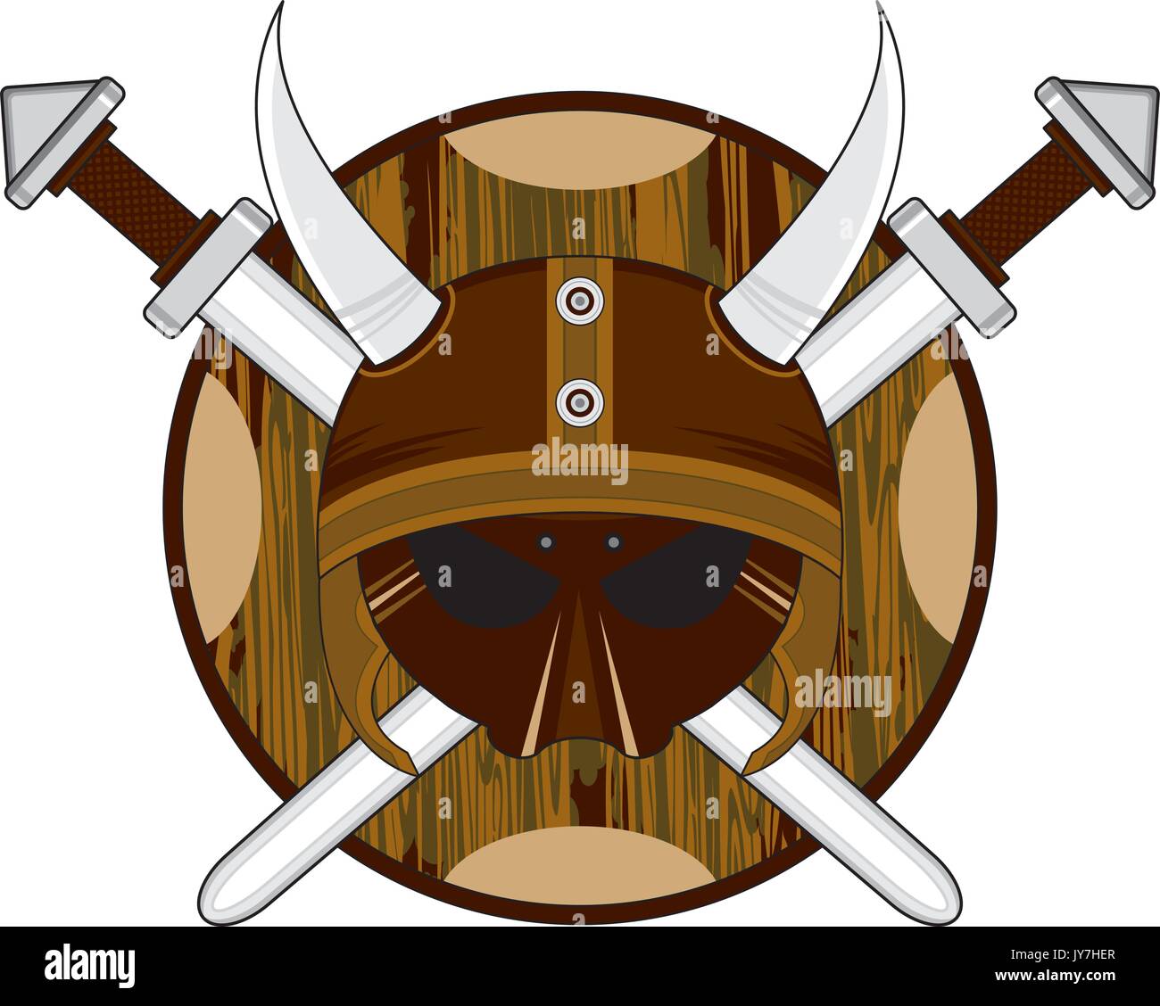 Cartoon nordischen Wikinger Krieger Helm mit Schilden und gekreuzten Schwertern Abbildung Stock Vektor