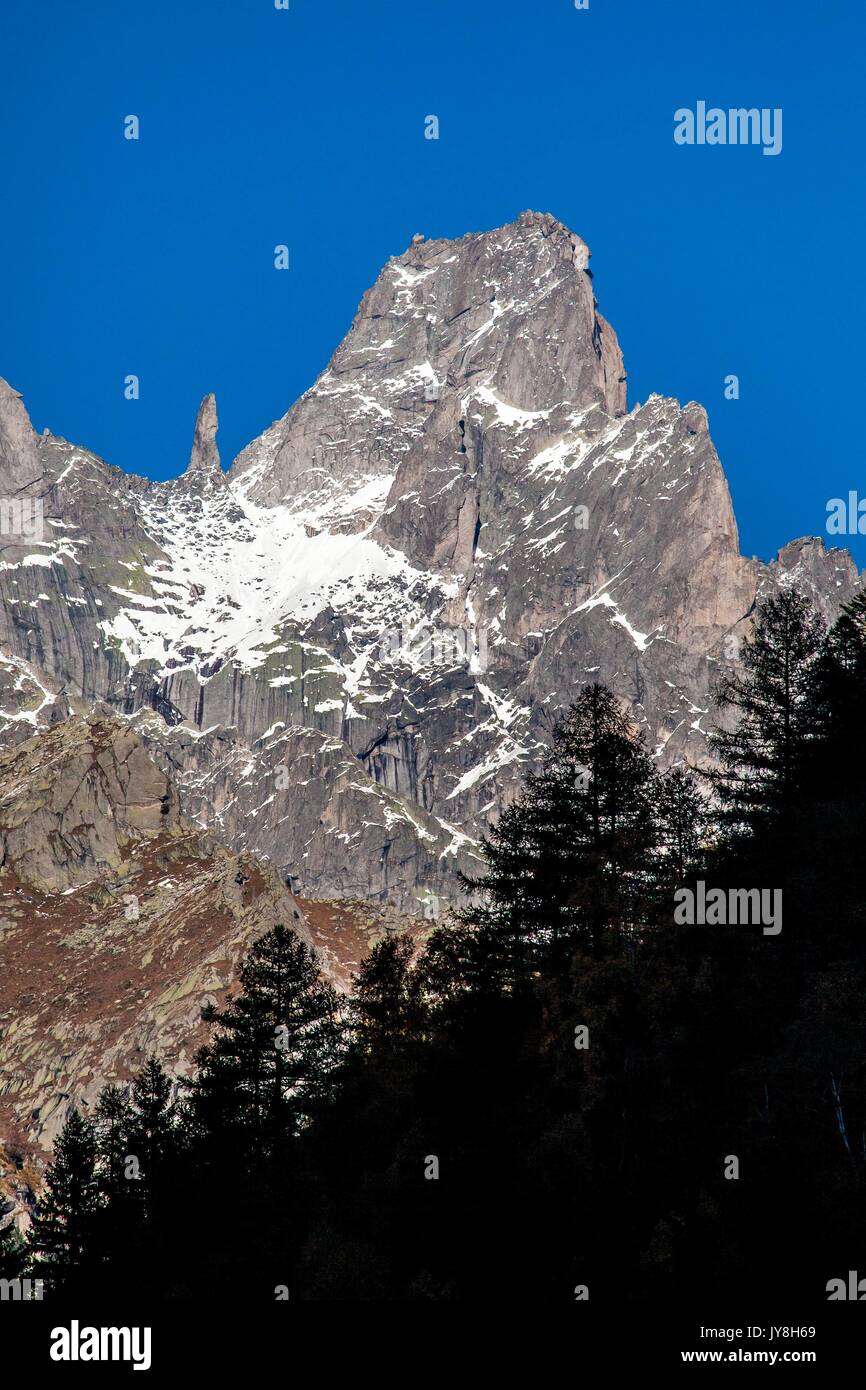 Ansicht des Pizzo Torrone mit seinen Rock Pinnacle. Valmasino, Lombardei, Italien Europa Stockfoto