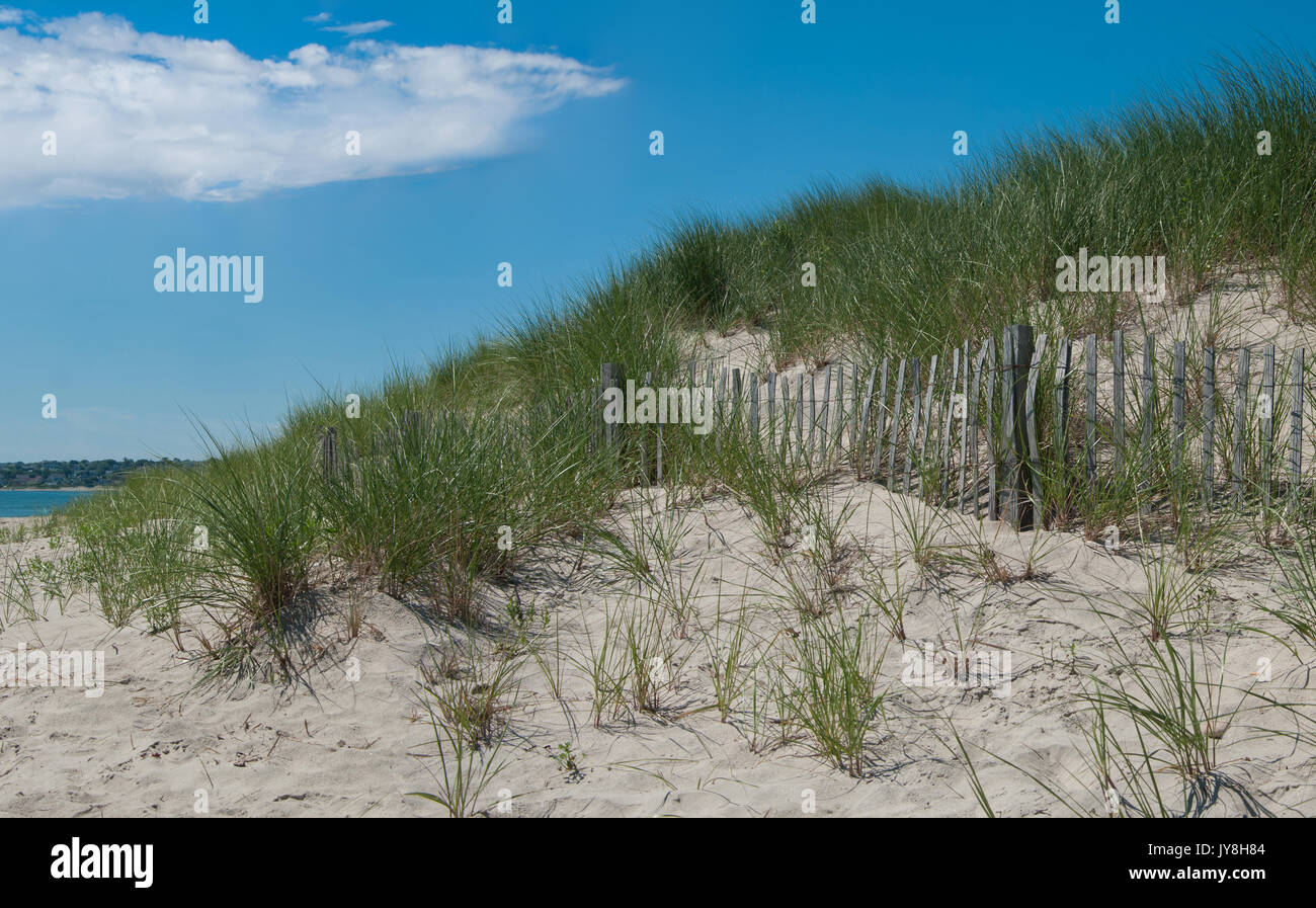 Sand Dune Erosion Zaun: EINE hölzerne Lattenzaun hält Wind sand und ermöglicht Grass Root in den Dünen am Ufer des Block Island zu nehmen Stockfoto