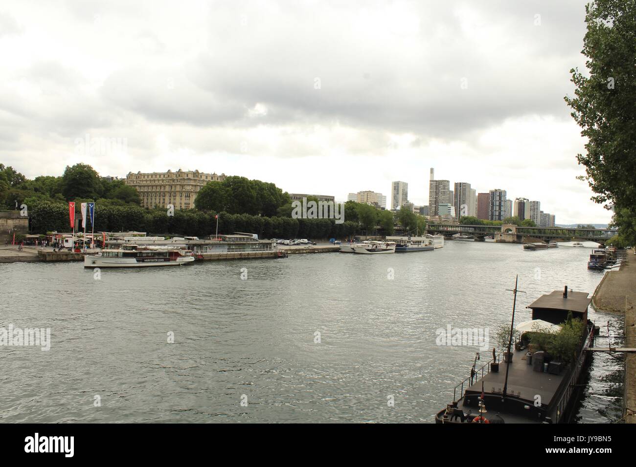 Die Sena Fluss in Paris von der linken Seite auf den Eiffelturm. Stockfoto