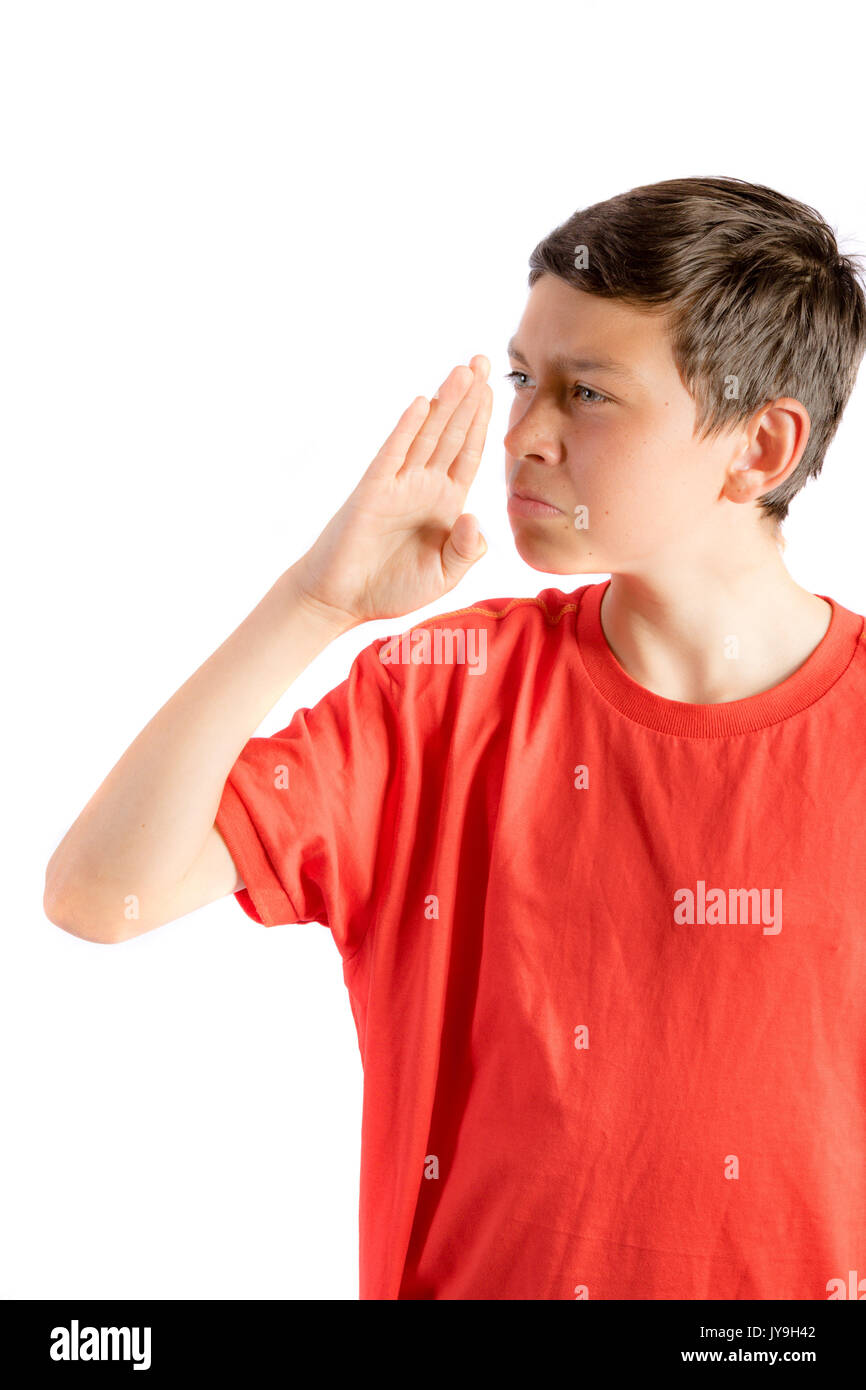 Junge Teenager auf einem weißen Hintergrund wafting ein Geruch isoliert Stockfoto