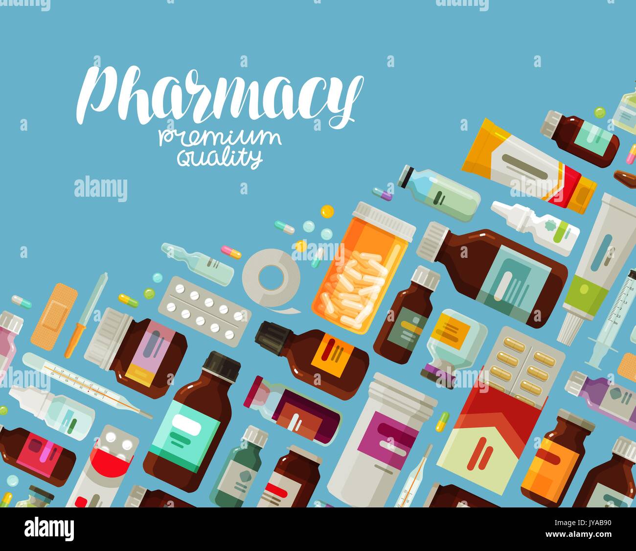 Pharmazie, Pharmakologie Banner. Medizin, Flaschen und Pillen Konzept. Vector Illustration Stock Vektor