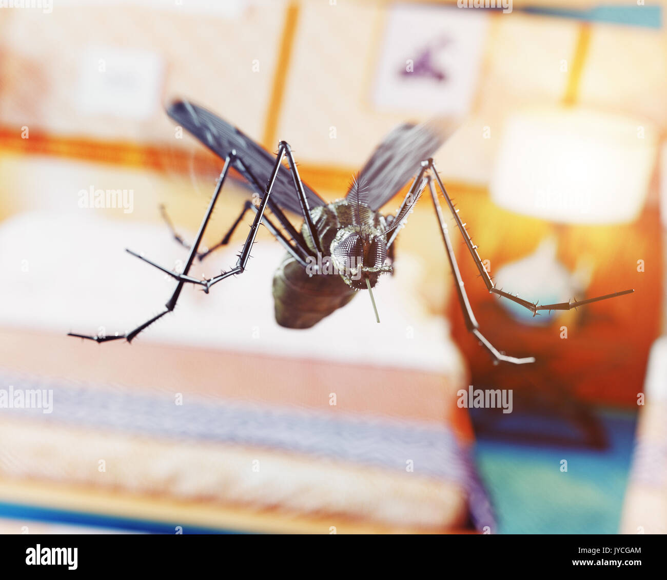 Fliegende Mücken im Schlafzimmer. 3D-rendering Konzept Stockfoto