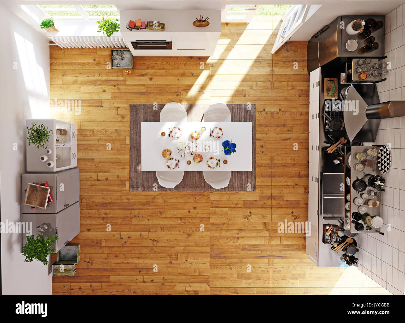 Ansicht von oben in die moderne Küche. 3d Konzept rendeing Stockfoto