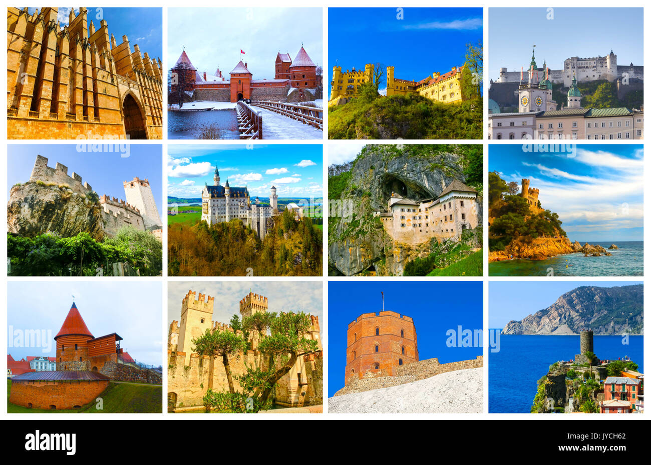 Die Collage aus Bildern der beliebtesten Burgen Europas Stockfoto