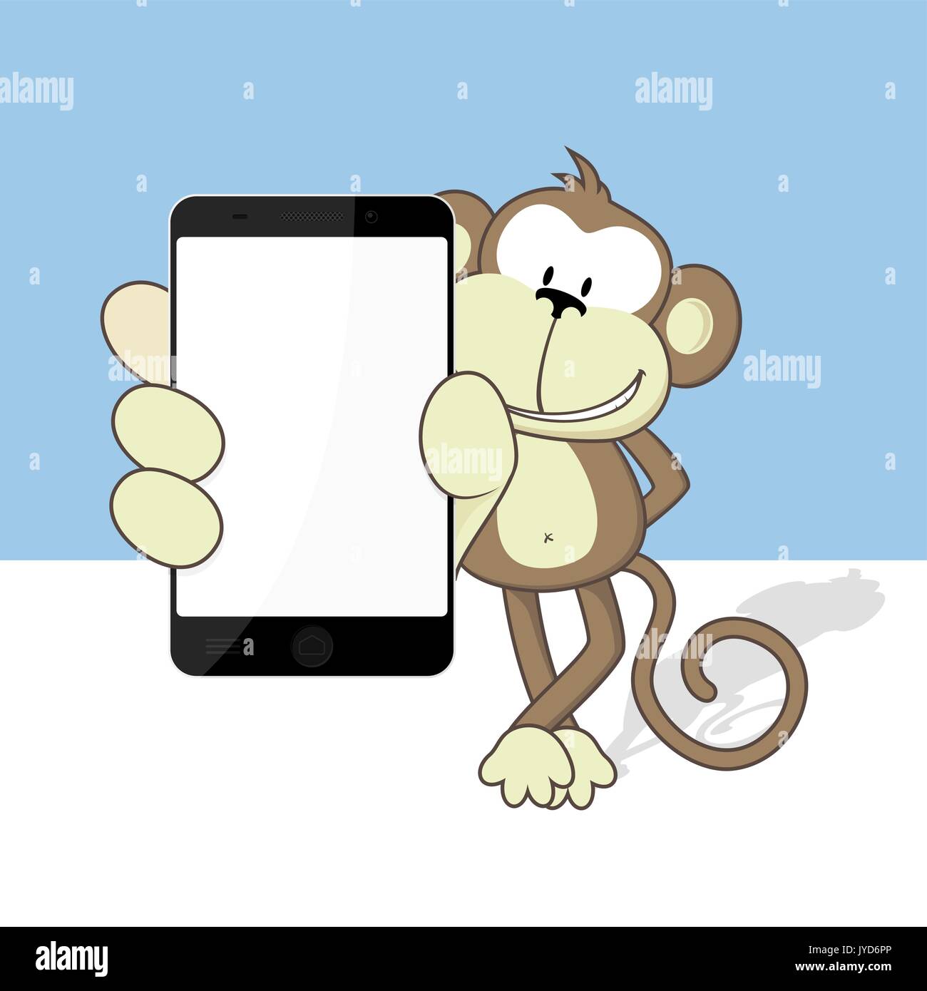 Lächelnd Affe mit smart phone zeigt leere Touchscreen Stock Vektor