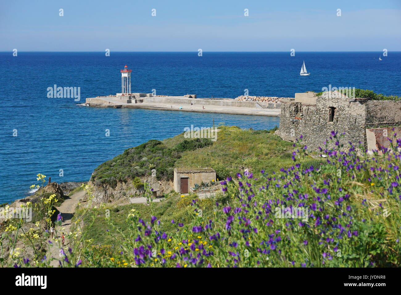 Steg mit einem Leuchtturm, Collioure, Vermilion Küste, Mittelmeer, Roussillon, Pyrénées-orientales, südlich von Frankreich Stockfoto