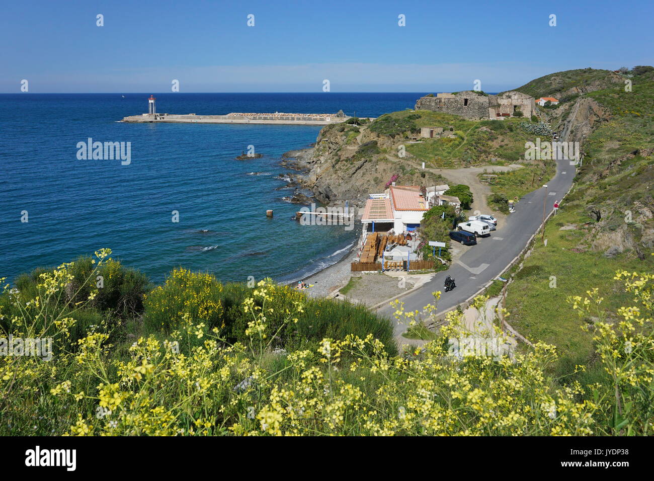 Collioure Küstenlandschaft im Hafenbereich, Vermeille-küste, Mittelmeer, Roussillon, Pyrénées-orientales, Frankreich Stockfoto