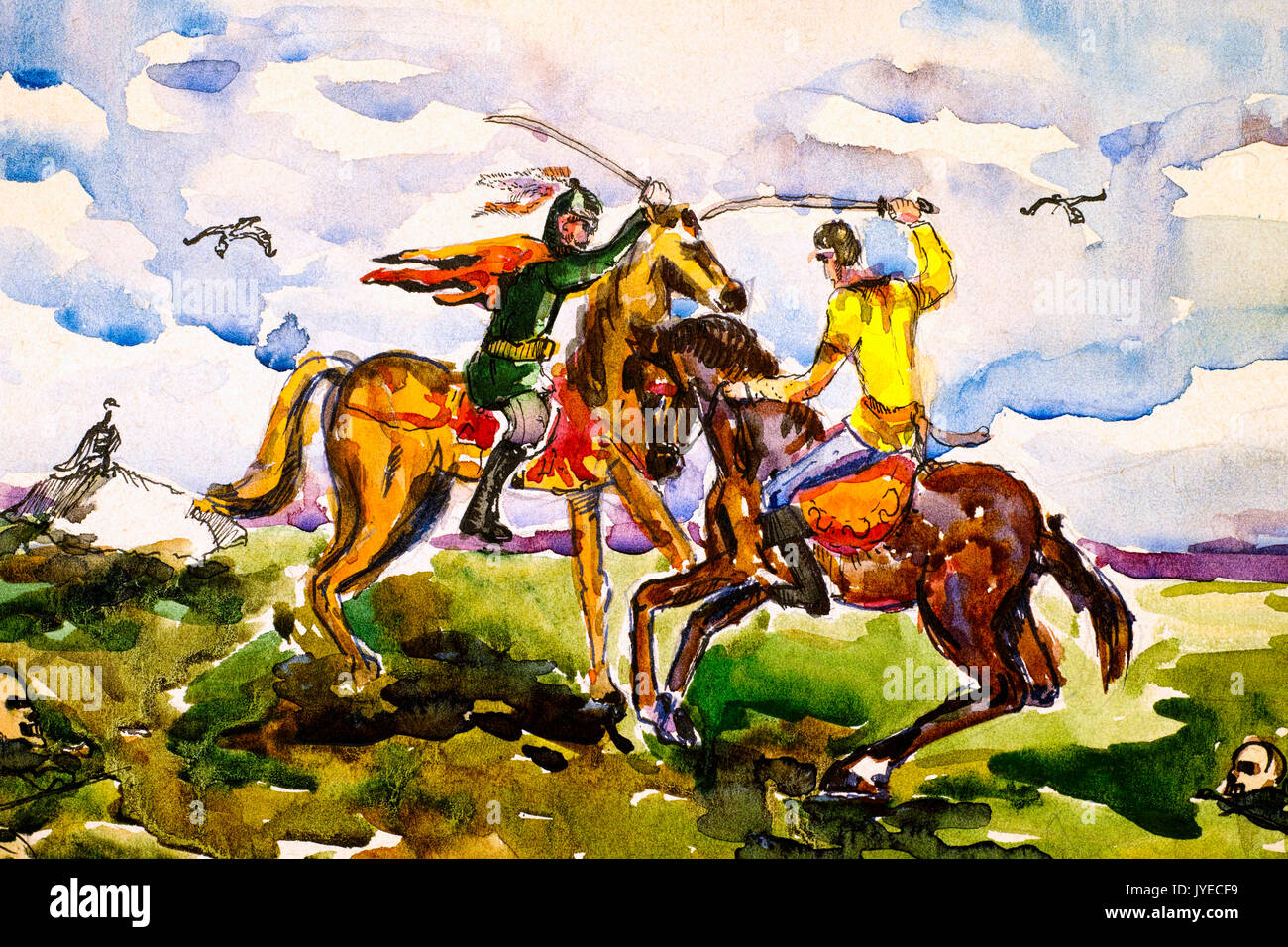 Zwei alte Krieger kämpfen mit Säbel zu Pferd. Aquarell Malerei. Stockfoto