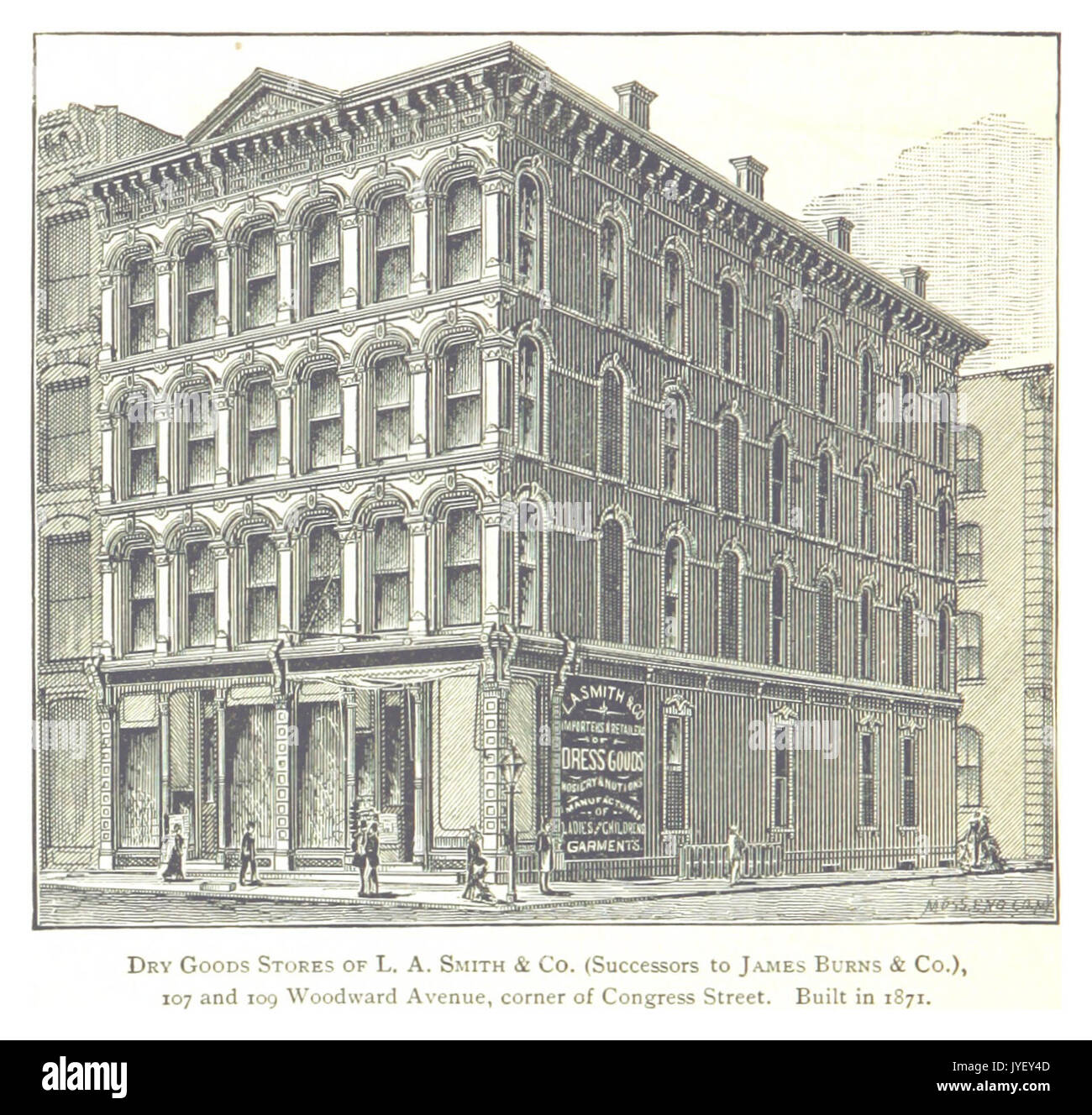 Farmer(1884) Detroit, p828 TROCKENGÜTER STORES von L.A. SMITH & CO. (Nachfolger zu JAMES BURNS & CO.), 107 und 109 WOODWARD AVENUE, Ecke der CONGRESS STREET. ERBAUT IM JAHRE 1871 Stockfoto