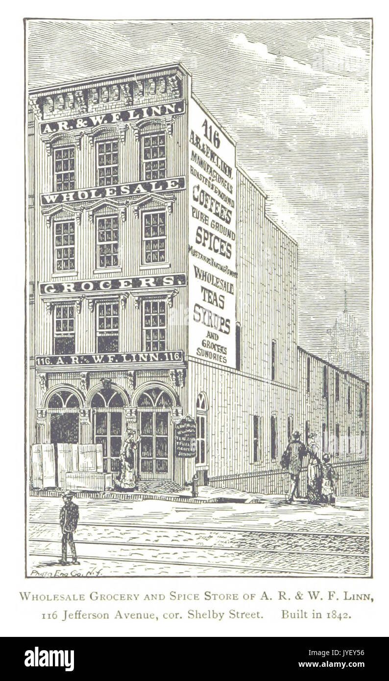 Farmer(1884) Detroit, p838 Großhandel Lebensmittel und Gewürz Shop von A.R. & w.f. LINN, 116 JEFFERSON AVENUE, Kor SHELBY STREET. ERBAUT IM JAHRE 1842 Stockfoto