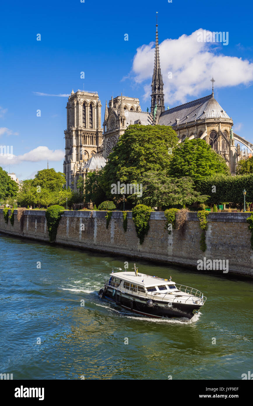 Die Kathedrale Notre Dame de Paris auf der Ile de la Cite. Der Fluss Seine und touristische Boot im Sommer. Paris, Frankreich Stockfoto