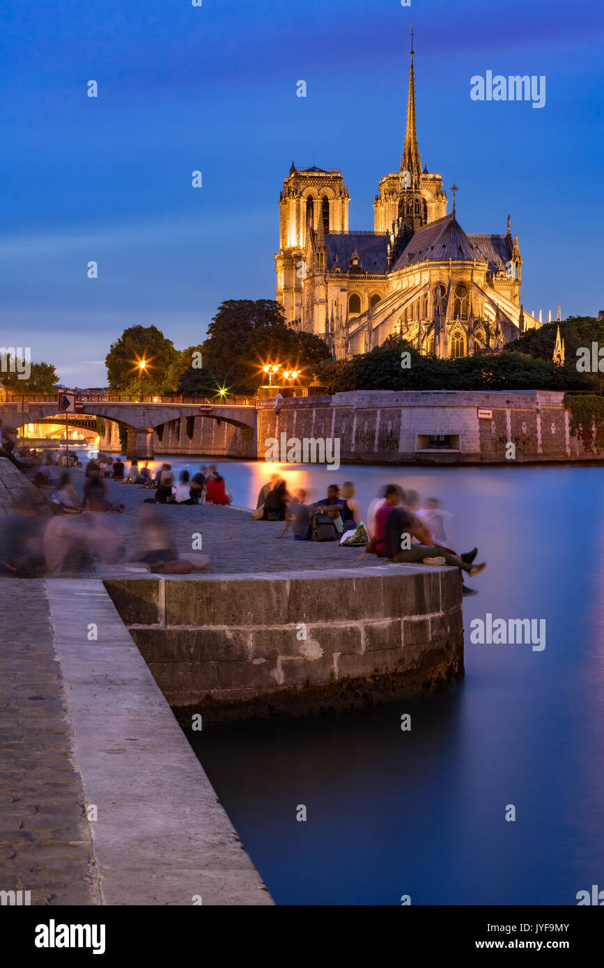 Am Abend auf dem Fluss Seine Banken im Sommer mit Blick auf die Kathedrale Notre Dame de Paris. Stockfoto