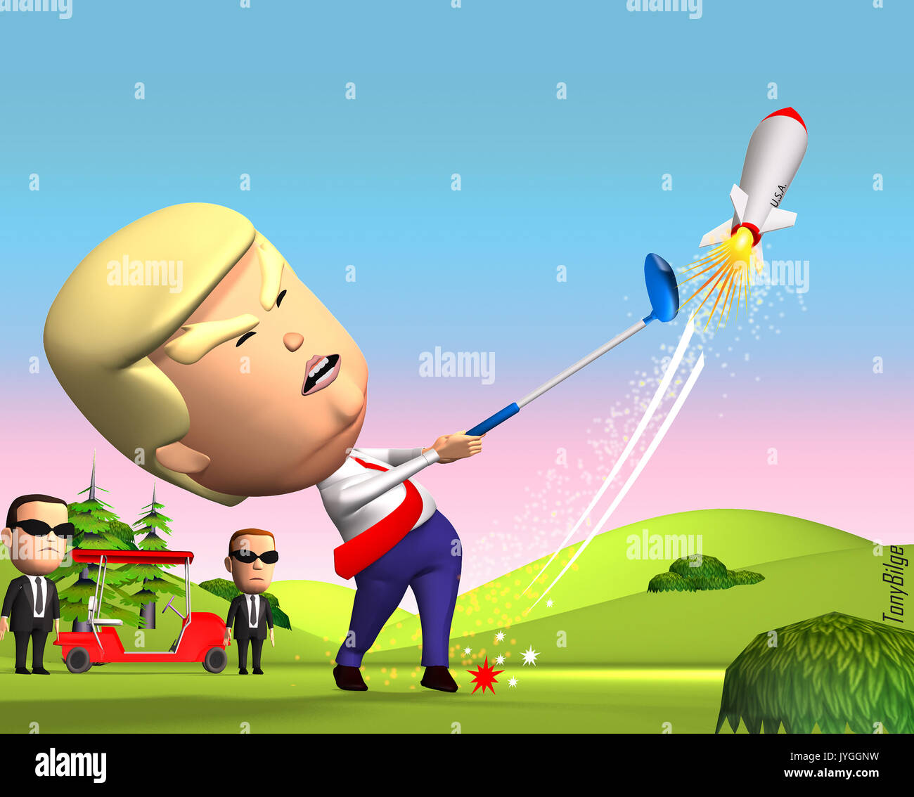 Donald Trump Raketen schlagen mit Putter Stockfoto