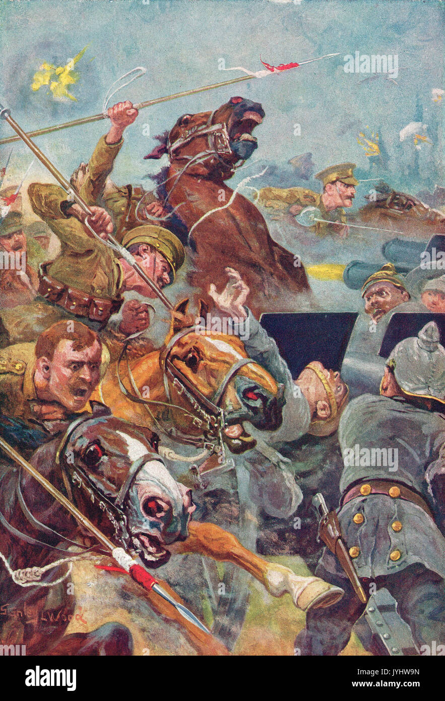 9 Lancers Laden der Gewehre an Elouges, Rückzug von Mons, 24. August 1914, WK 1. Stockfoto