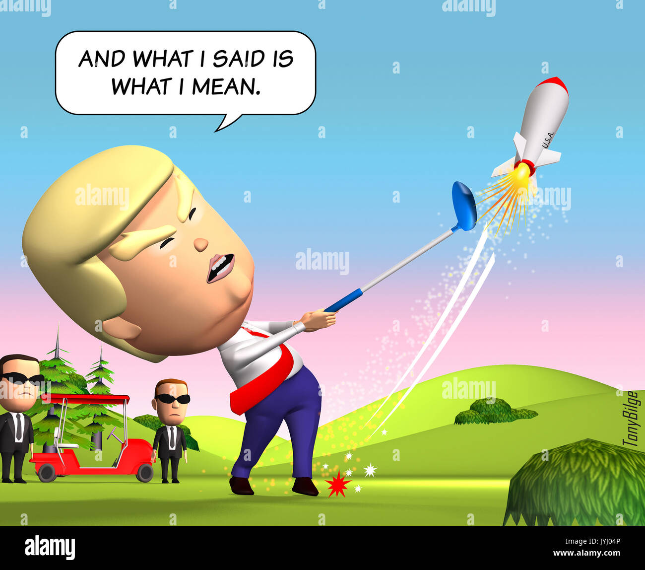 Donald Trump Schlagen einer Golfkugel mit Putter Stockfoto