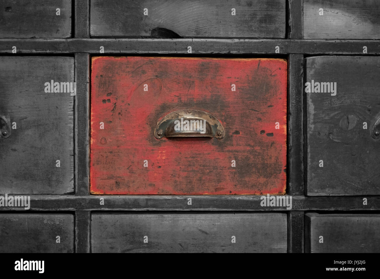 Vintage Schublade closeup - Red Box/Regal - Holzmöbel Stockfoto