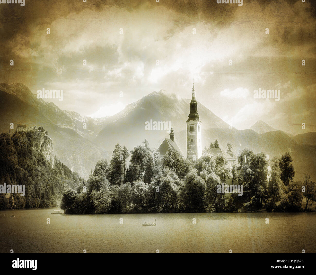 Digitale Kunst: Bleder See und Insel Kirche Mariä Himmelfahrt, Region Gorenjska. Slowenien Stockfoto