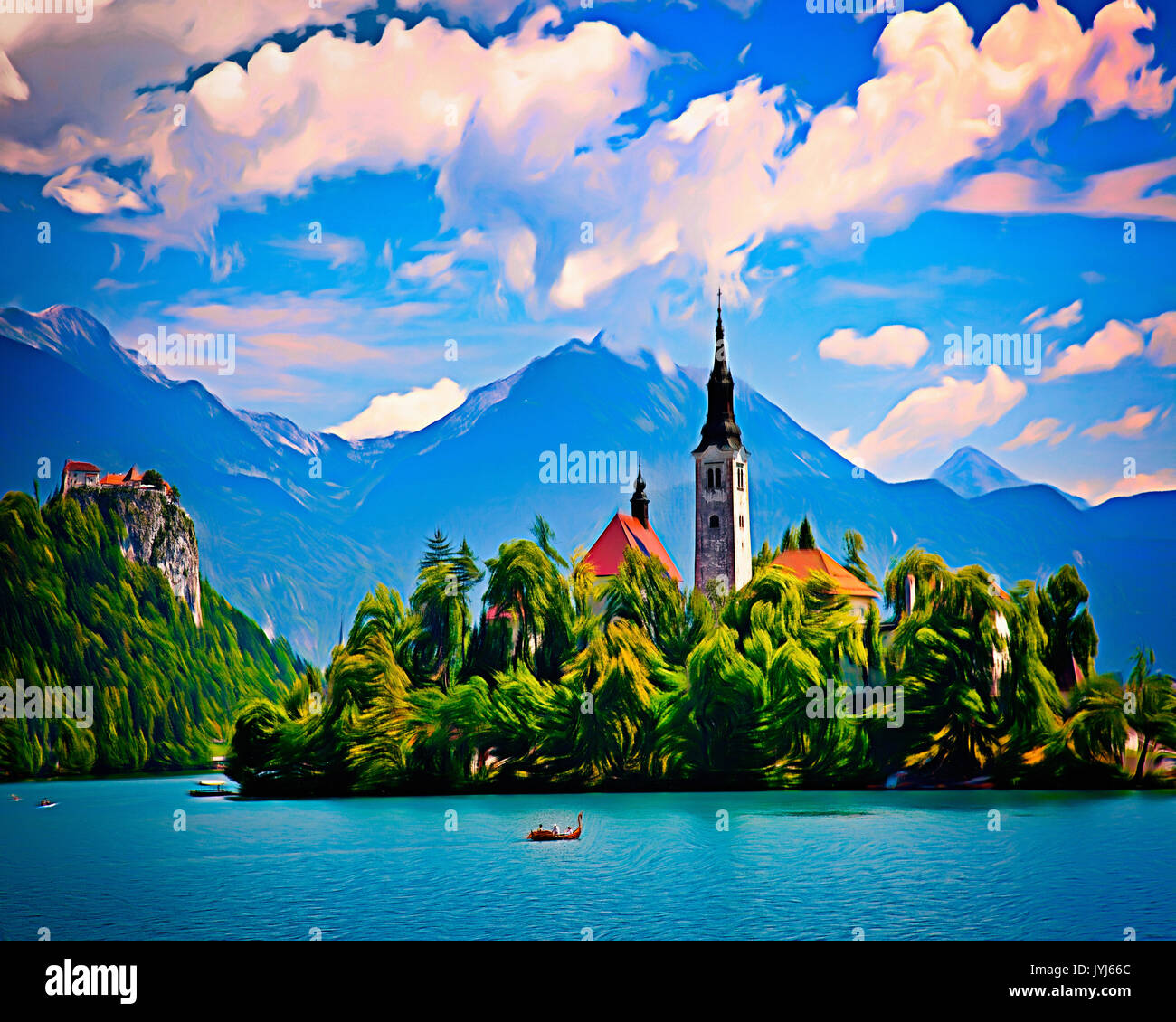 Digitale Kunst: Bleder See und Insel Kirche Mariä Himmelfahrt, Region Gorenjska, Slowenien. Stockfoto