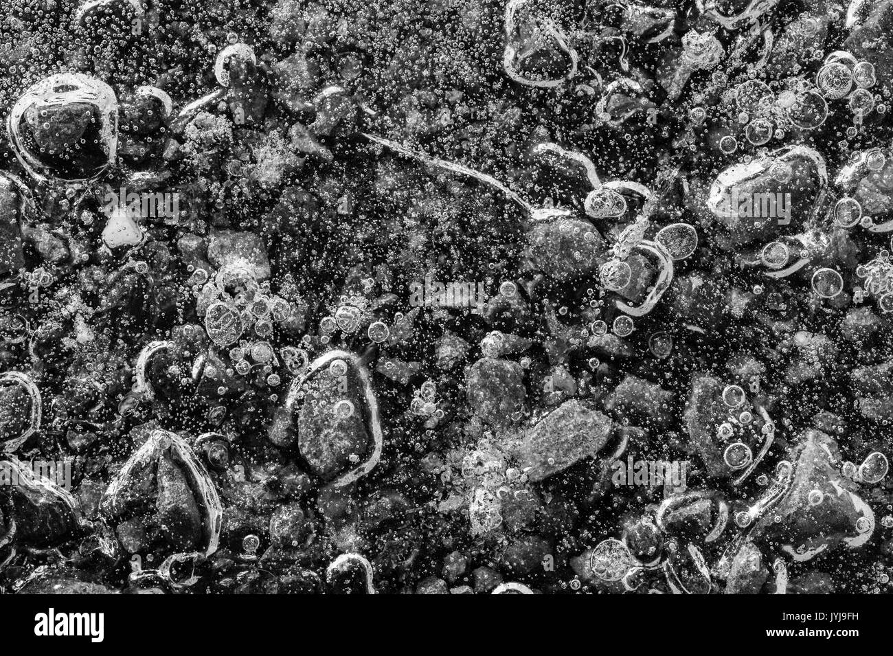 Gefrorene Pfützen mit Blätter unter Eisdecke, Muster und abstrakte Bilder gefroren, Felsen Stockfoto
