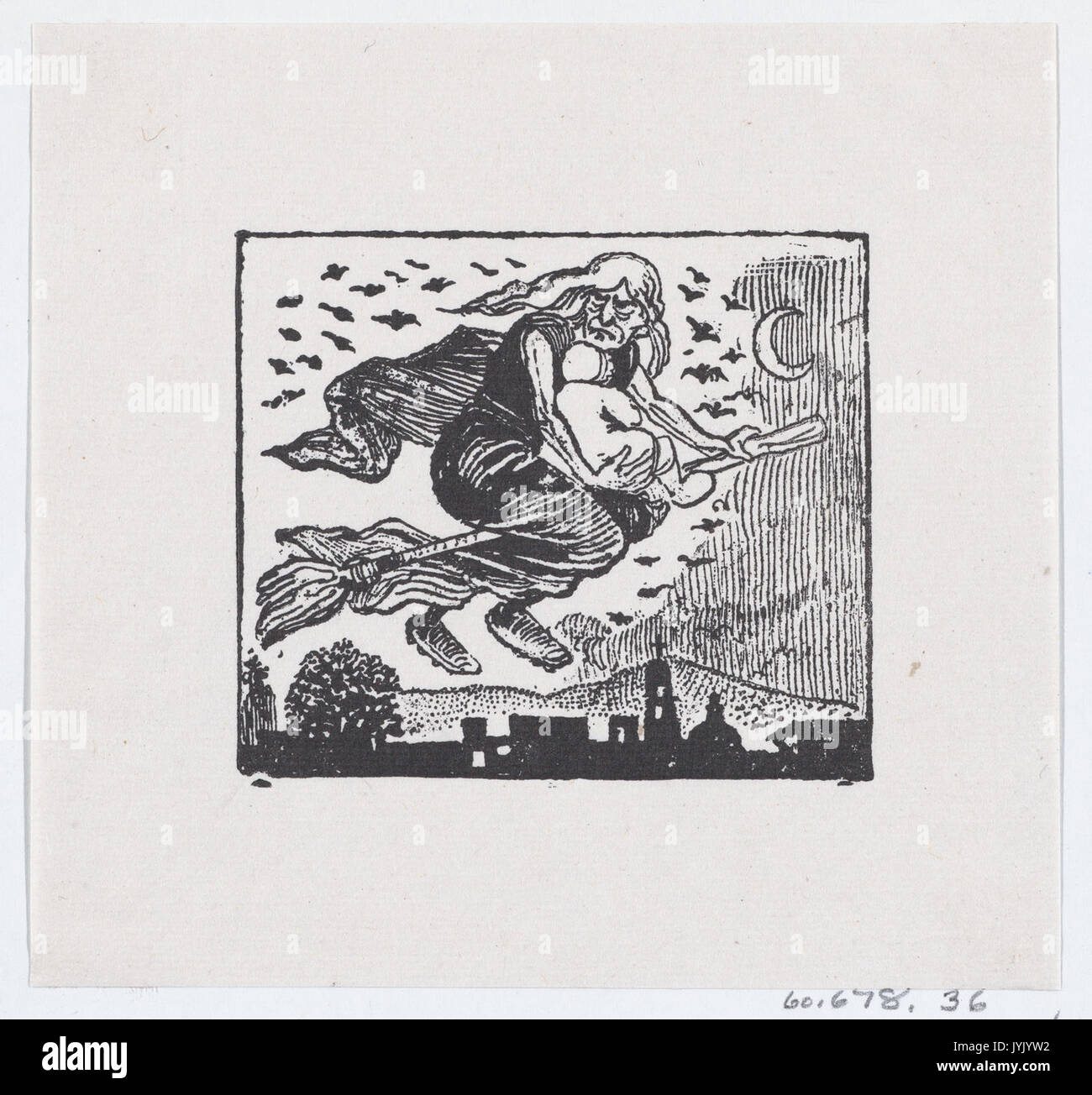 Eine Hexe, die ein Kind auf dem Besen MET DP 869393 Stockfoto