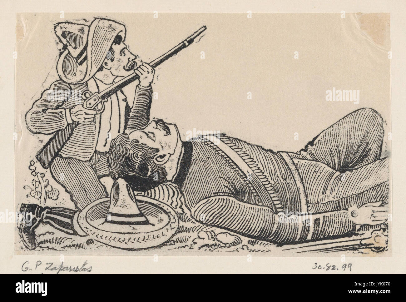 Eine revolutionäre Holding ein Gewehr und kniend einen gefallenen revolutionäre MET DP 869586 zu schützen. Stockfoto