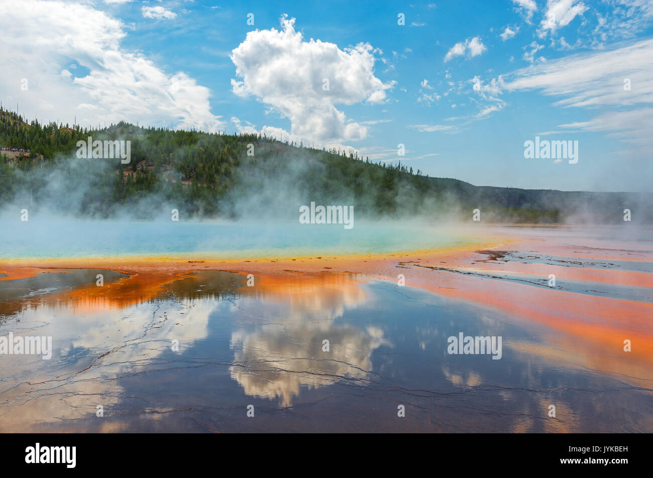 Reflexion von Wolken an einem sonnigen Sommertag von der Grand Prismatic Spring im Yellowstone National Park, Wyoming, USA. Stockfoto