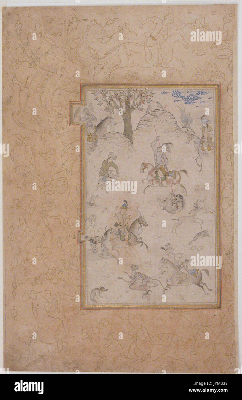 Dieses Kunstwerk mit dem Titel „Eine fürstliche Jagd“ stellt eine königliche Jagdszene dar, in der häufig edle Figuren gezeigt werden, die sich mit der Jagd beschäftigen, ein beliebtes Thema in der Renaissance- und Barockkunst. Es betont den Adel und seine Verbindung zu Natur und Macht. Stockfoto